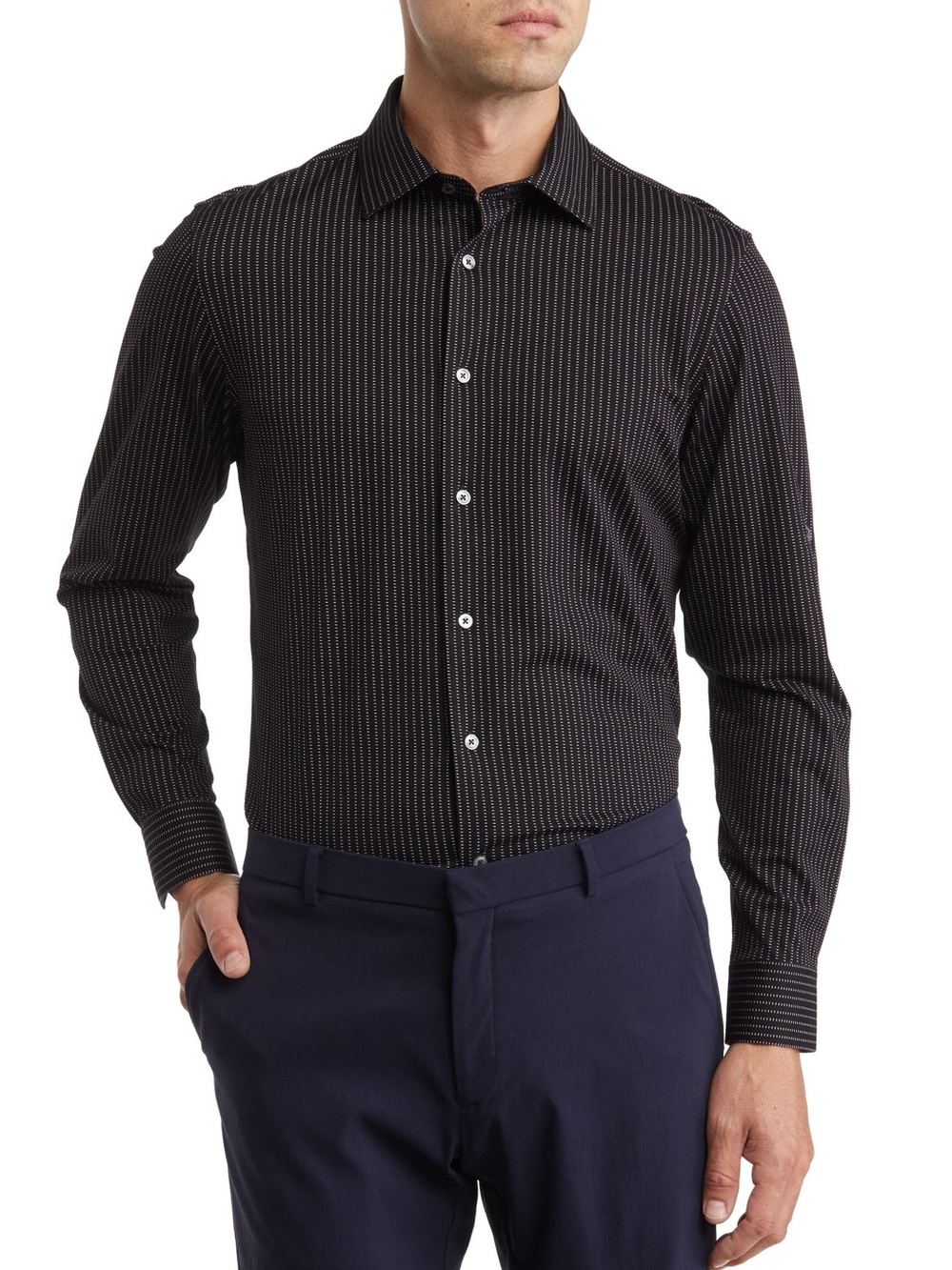 Bugatchi Uomo Striped Black & White Long Sleeve Button Up Dress Shirt, size M